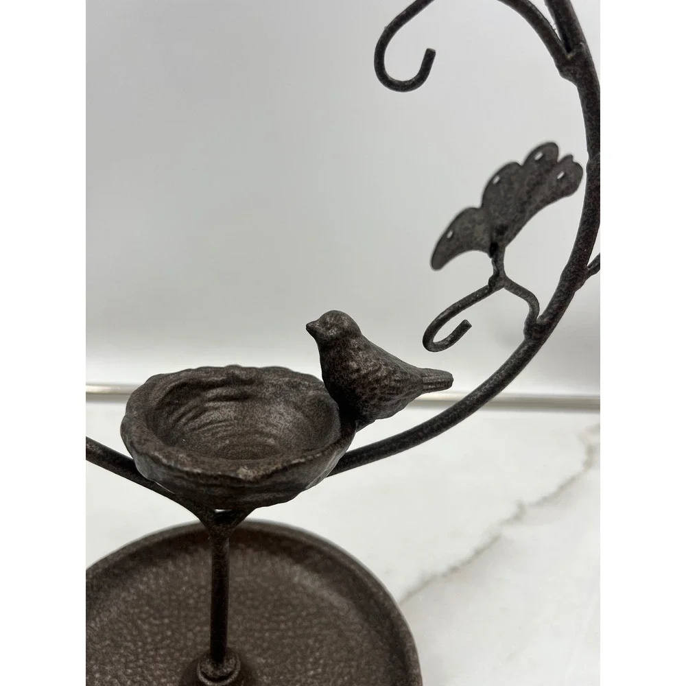 Cast Iron Jewelry Tree Stand Ginkgo Leaf Bird Nest Organizer Bronze Tone 12.5in